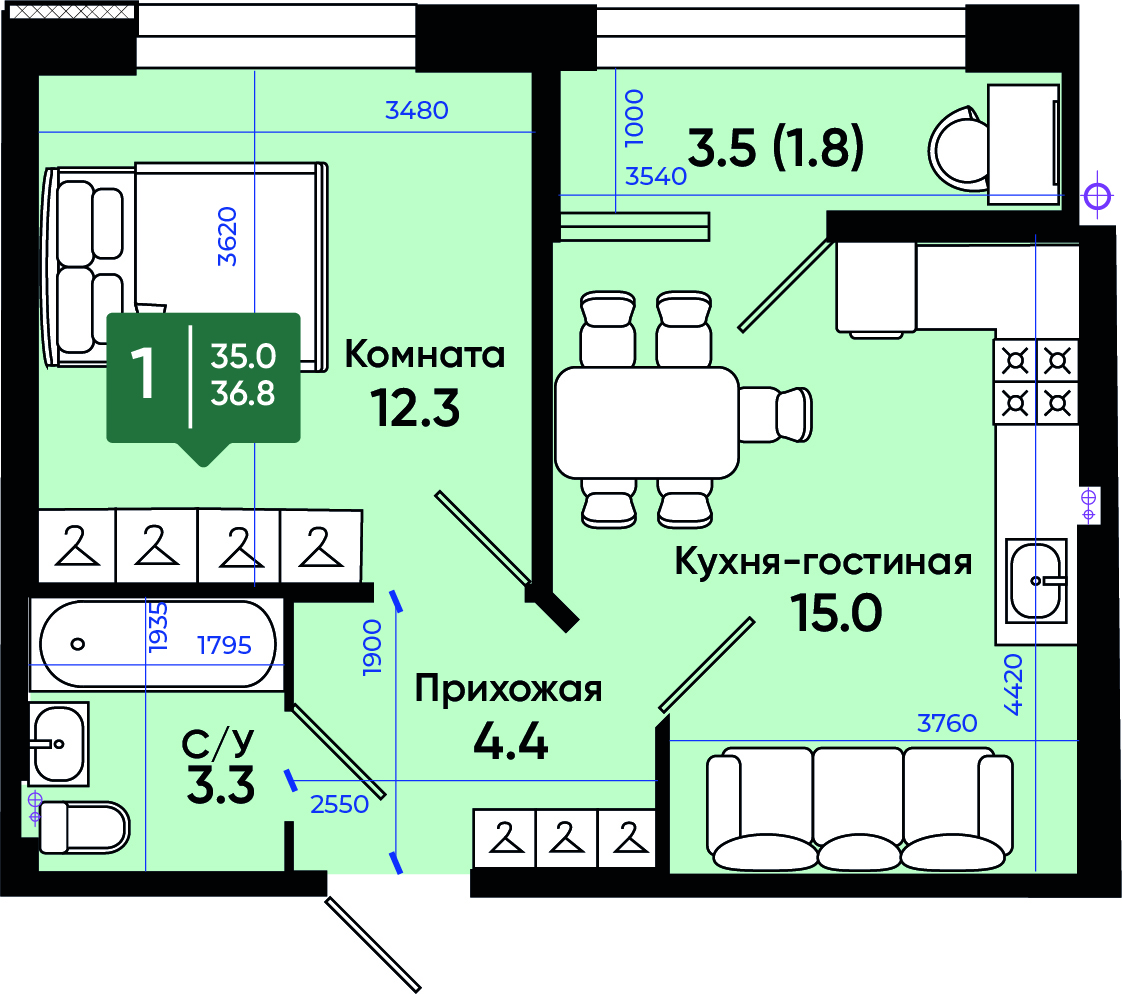 Планировка 1-комн. в ЖК «Солнечный город»