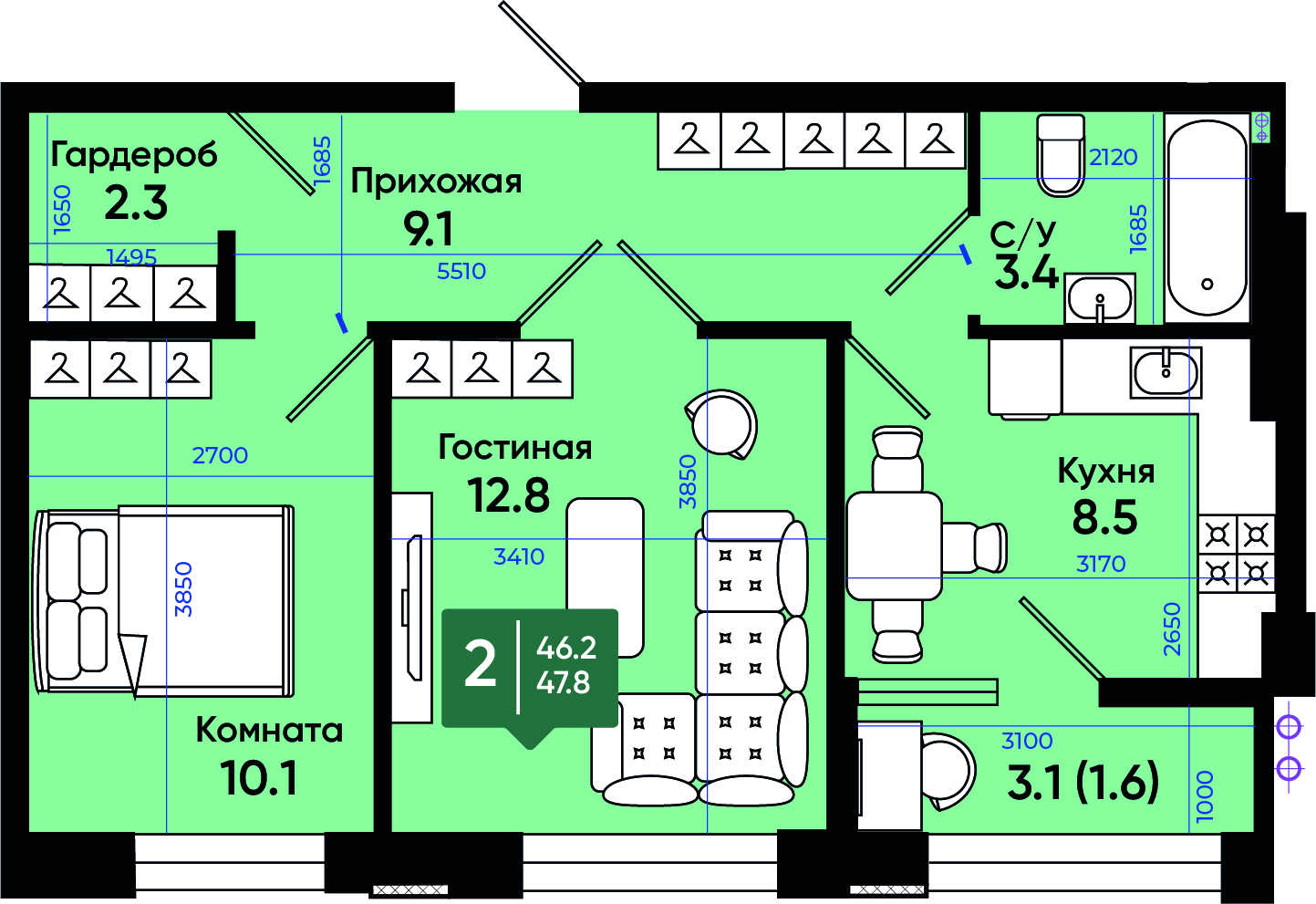 Планировка 2-комн. в ЖК «Солнечный город»