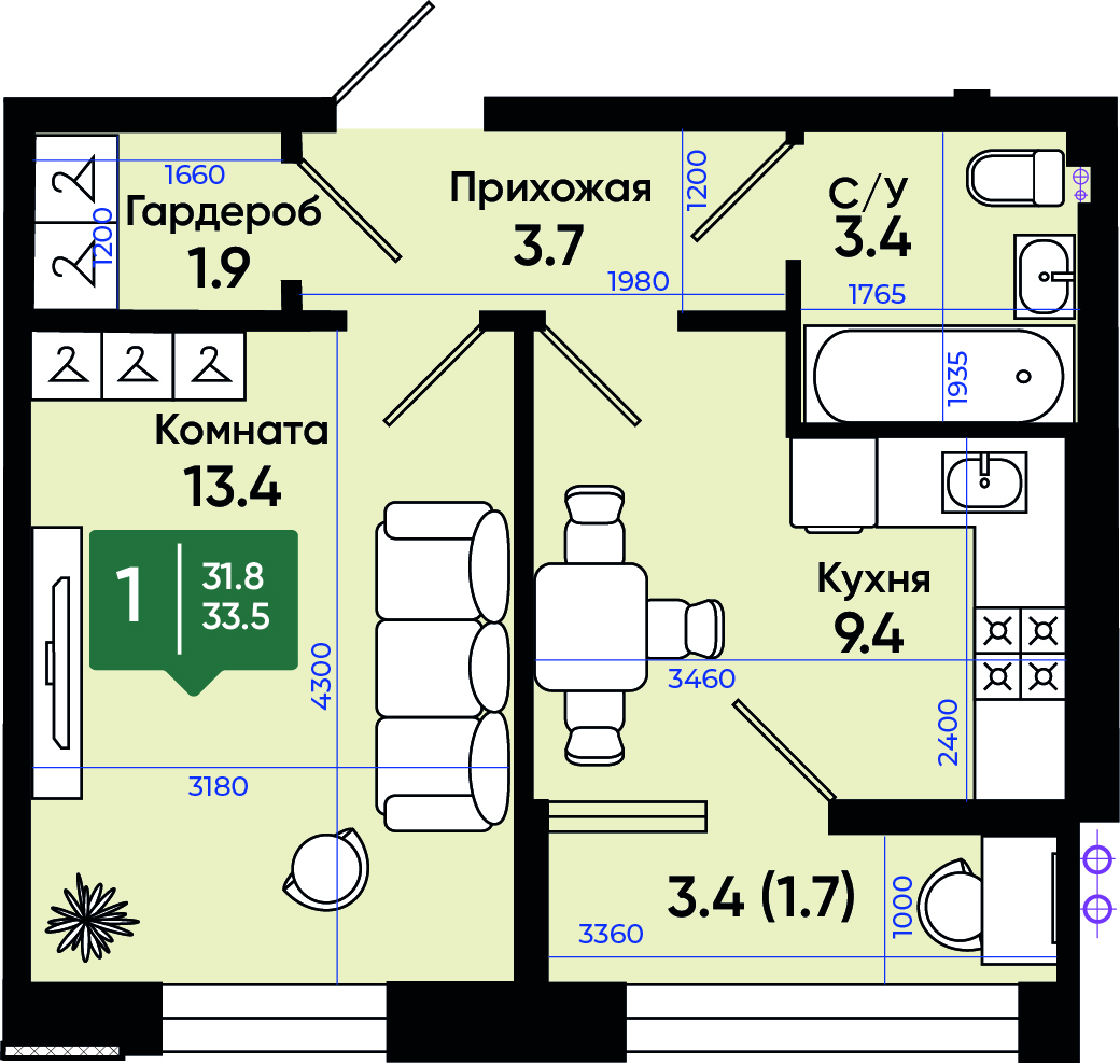 Планировка 1-комн. в ЖК «Солнечный город»