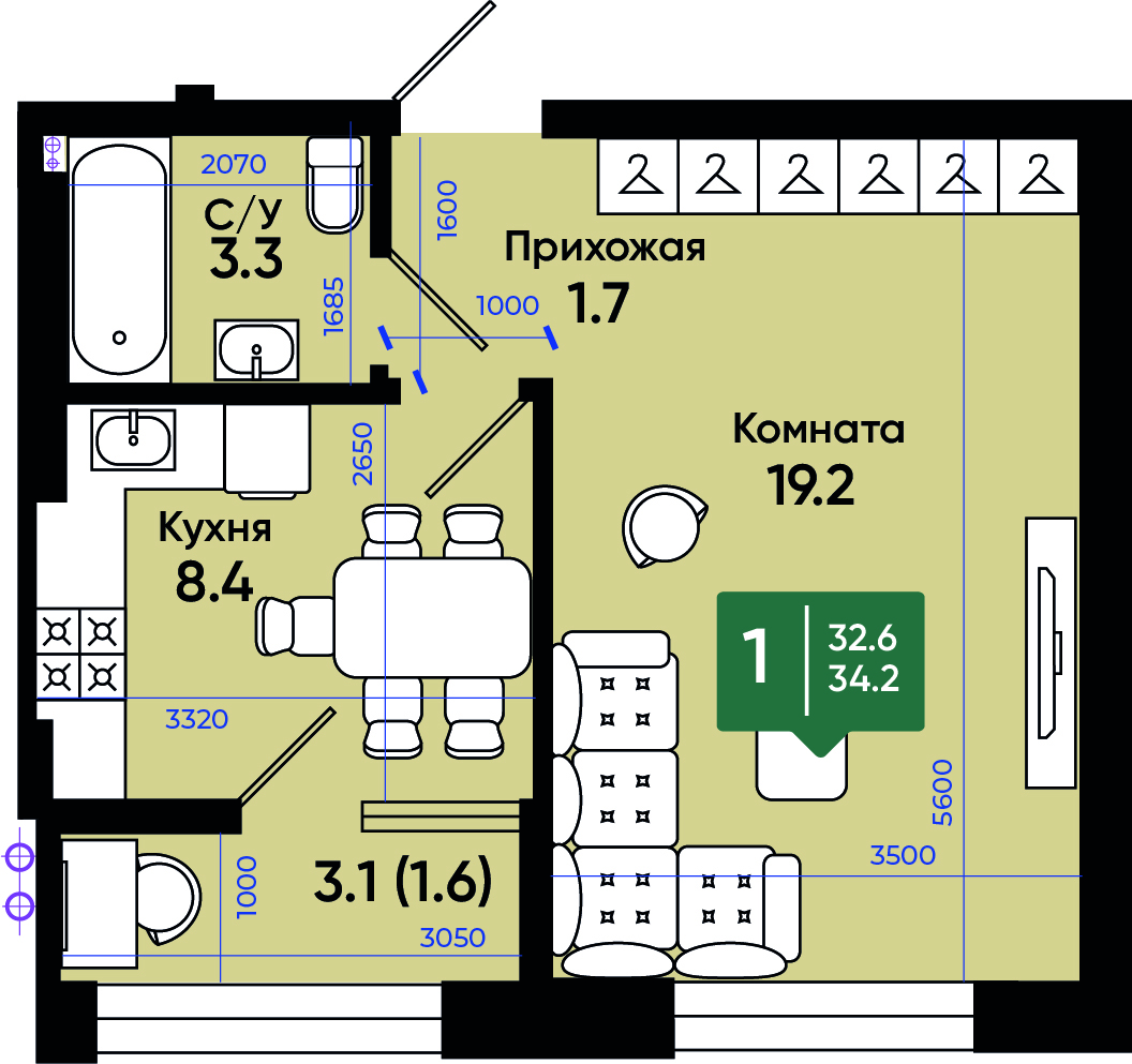 Планировка 1-комн. в ЖК «Солнечный город»