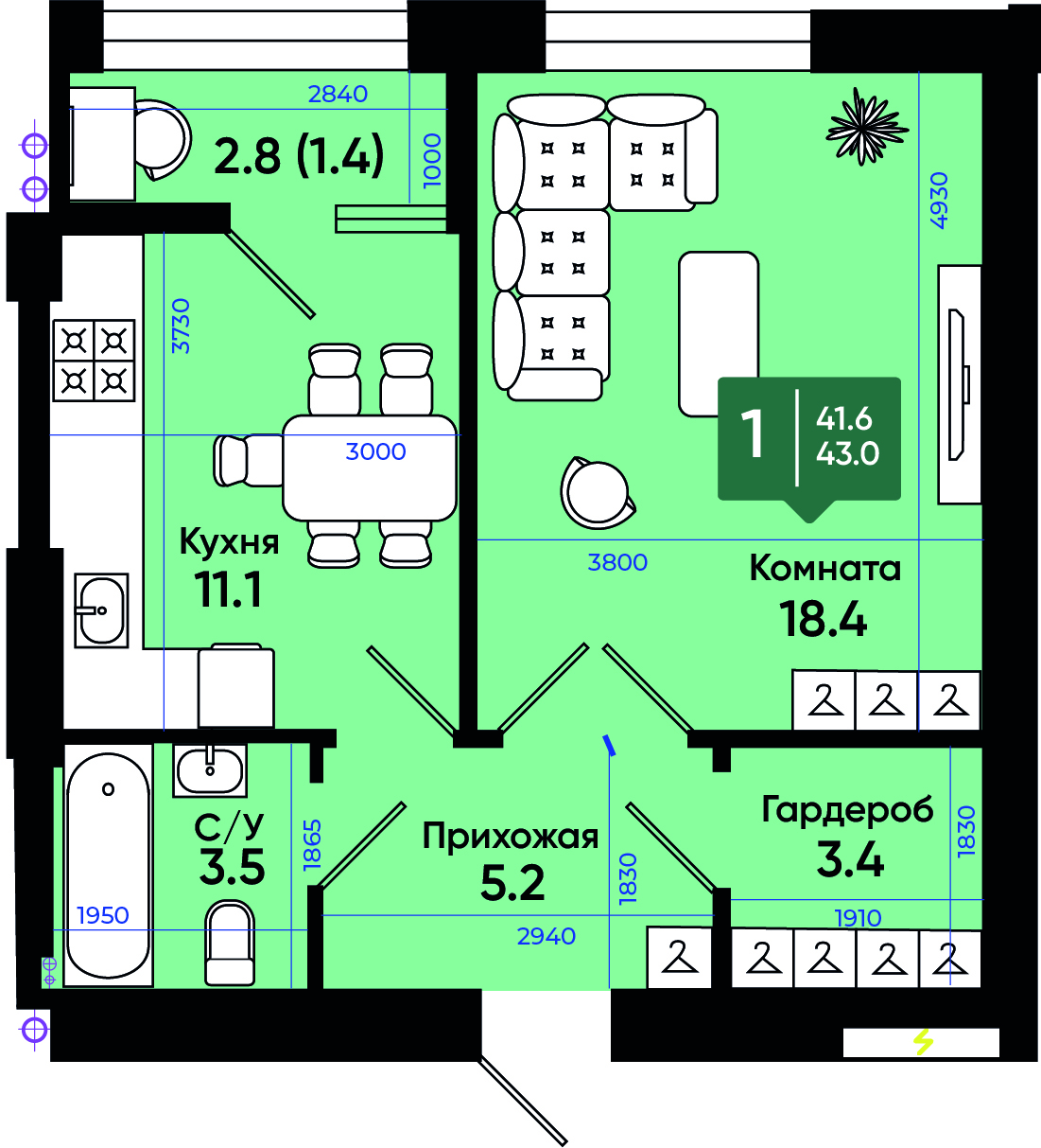 Планировка 1-комн. в ЖК «Солнечный город»