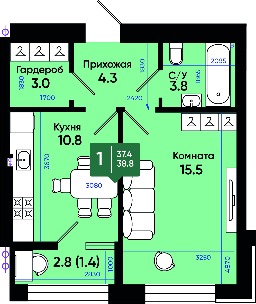 Планировка 1-комн. в ЖК «Солнечный город»