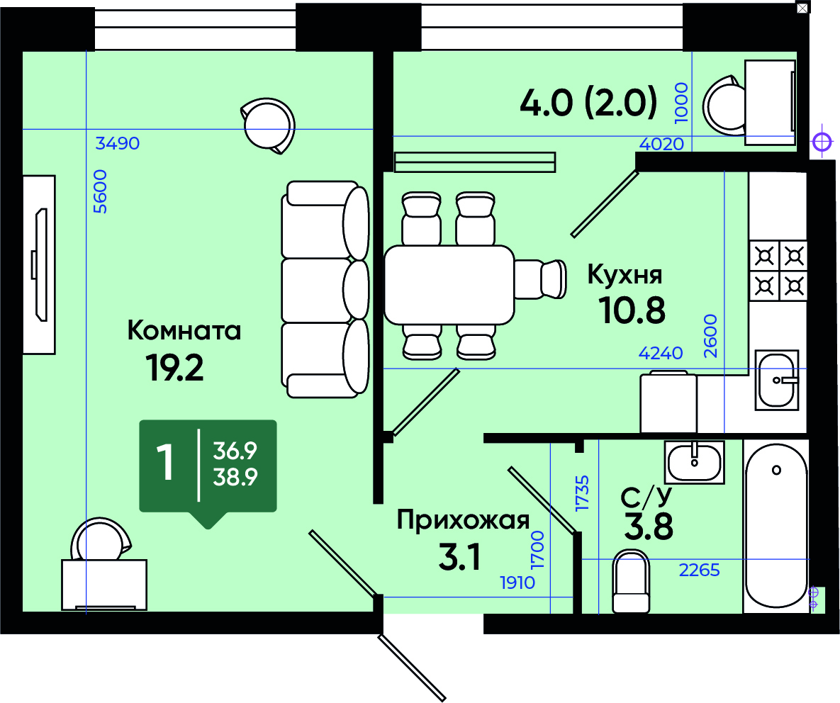 Планировка 1-комн. в ЖК «Солнечный город»