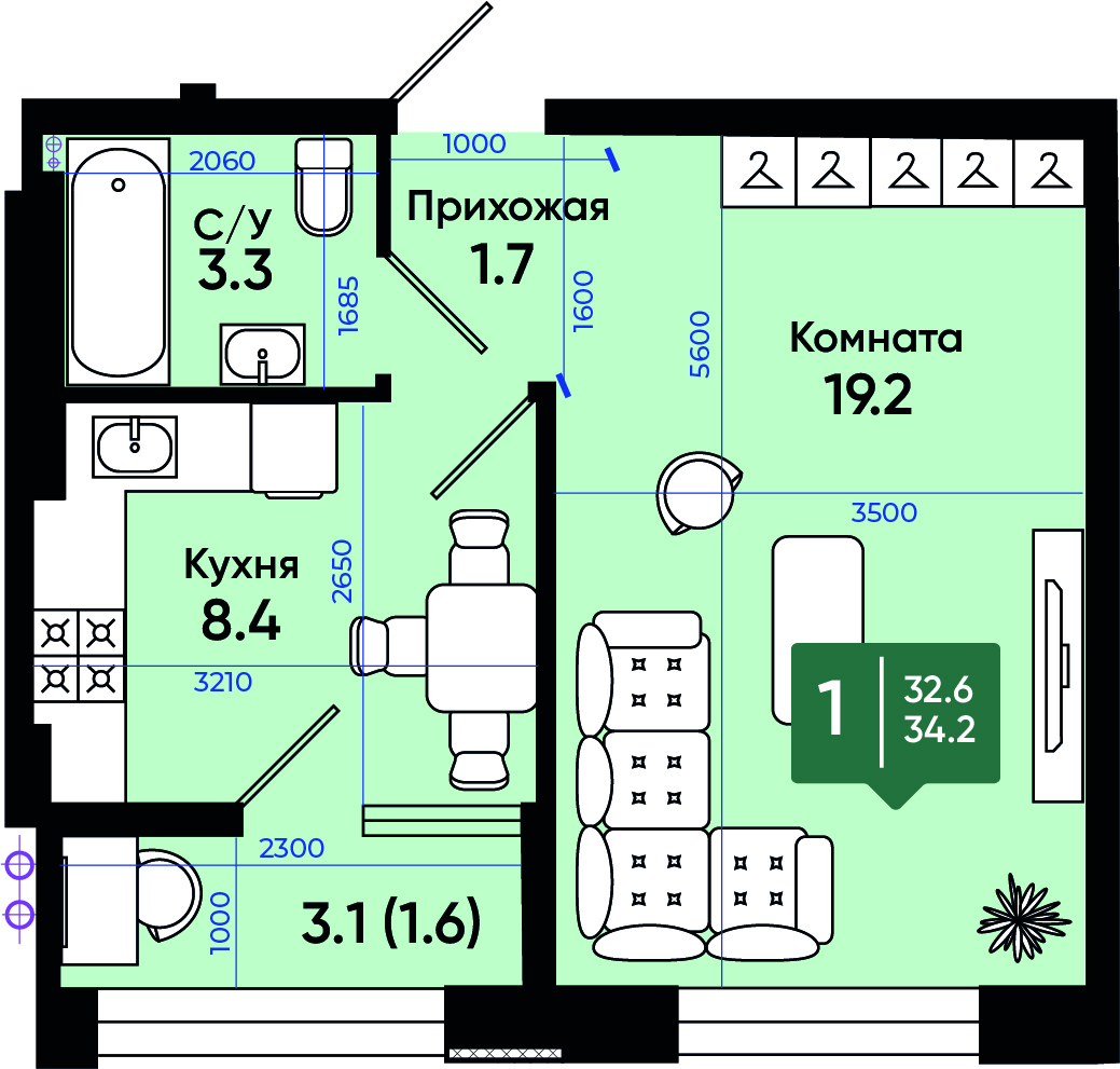 Планировка 1-комн. в ЖК «Солнечный город»