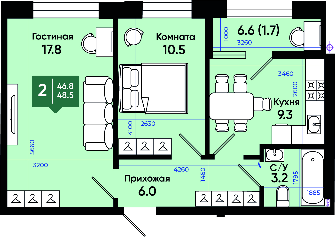 Планировка 2-комн. в ЖК «Солнечный город»