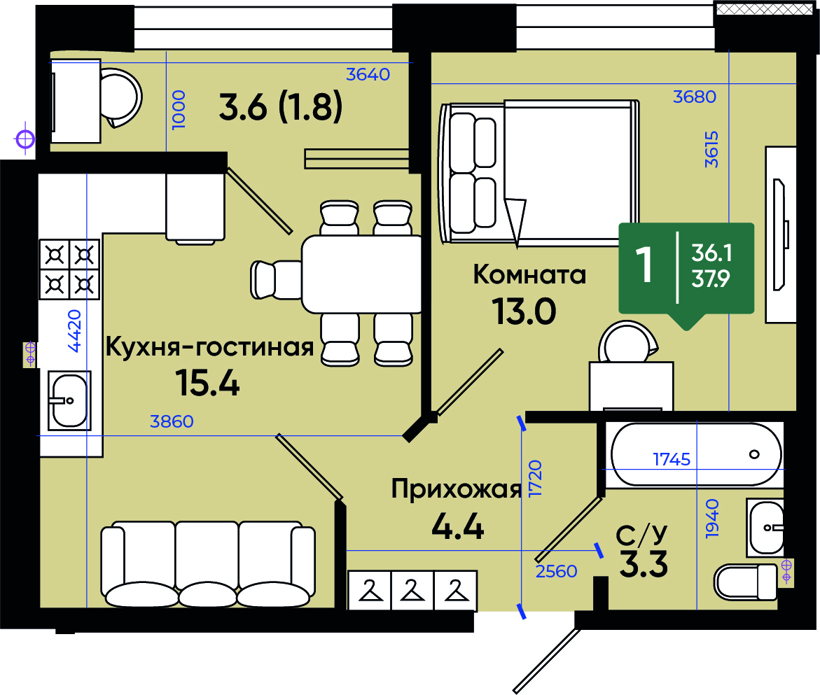 Планировка 1-комн. в ЖК «Солнечный город»
