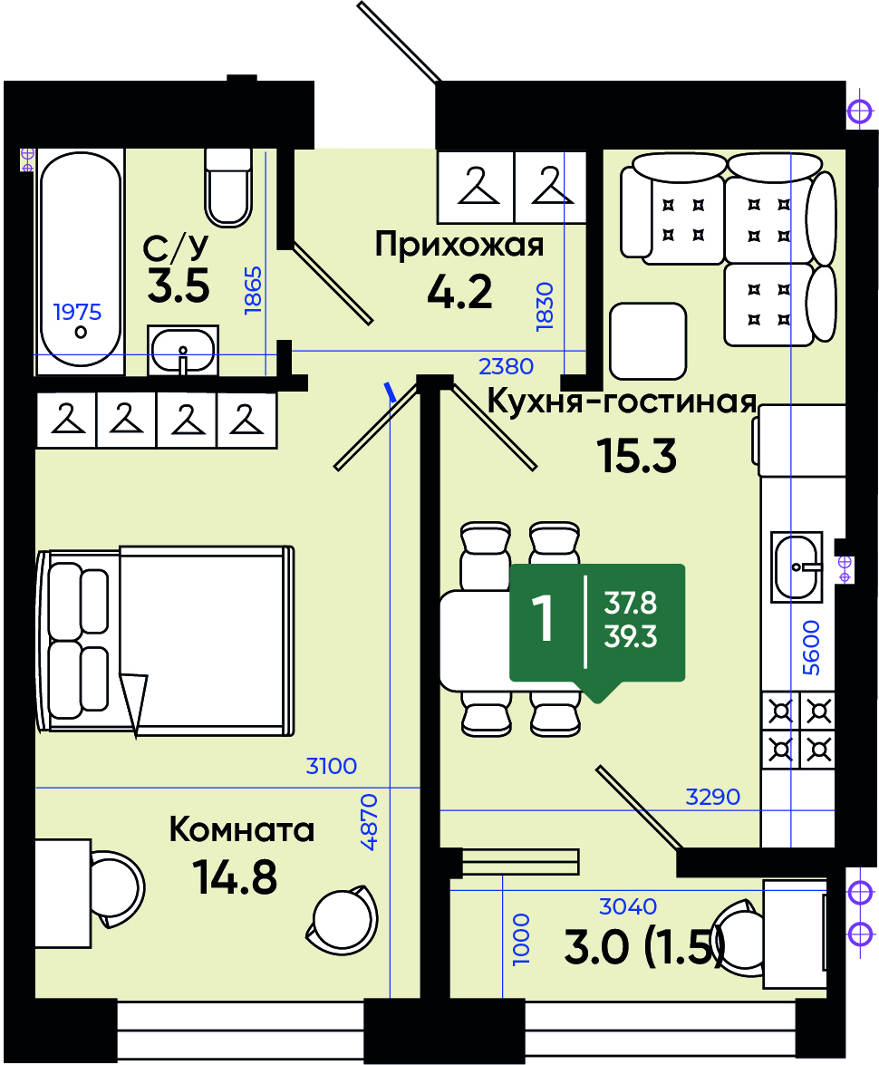Планировка 1-комн. в ЖК «Солнечный город»