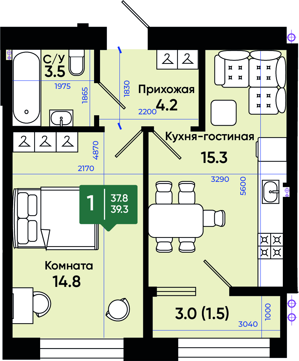 Планировка 1-комн. в ЖК «Солнечный город»