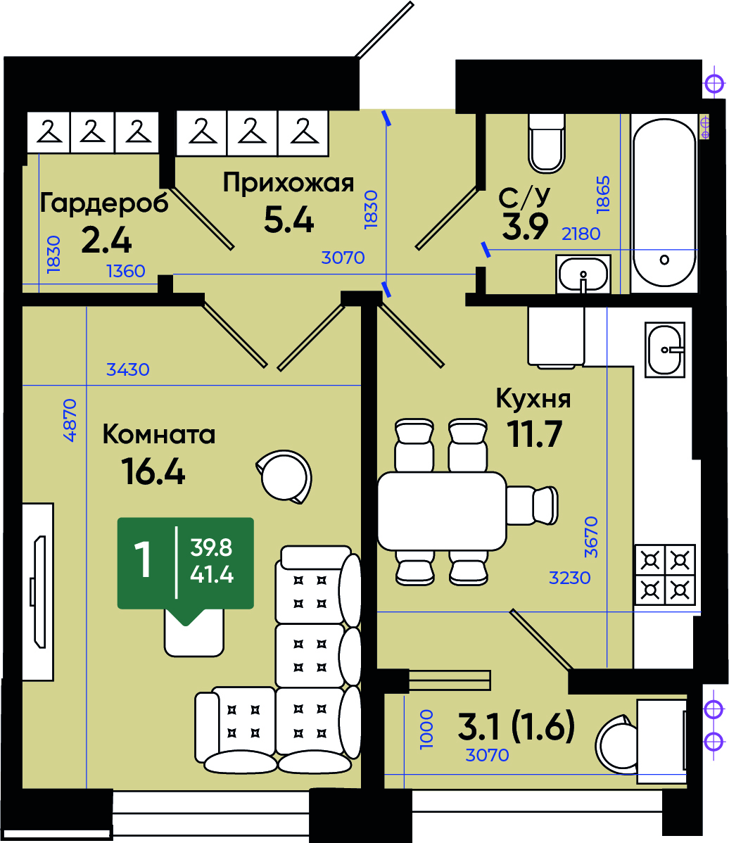 Планировка 1-комн. в ЖК «Солнечный город»