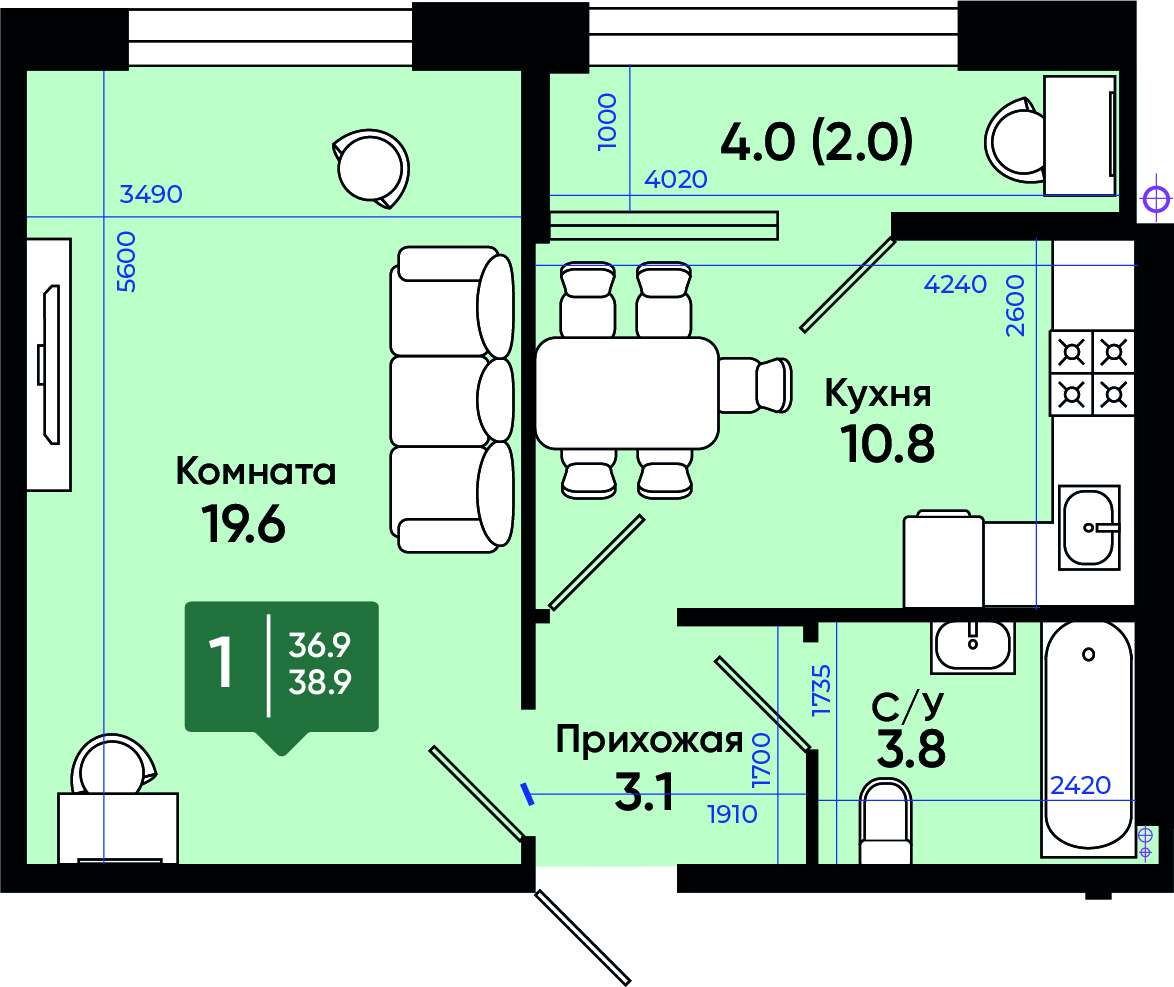 Планировка 1-комн. в ЖК «Солнечный город»