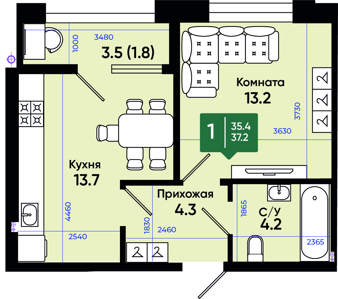 Планировка 1-комн. в ЖК «Солнечный город»
