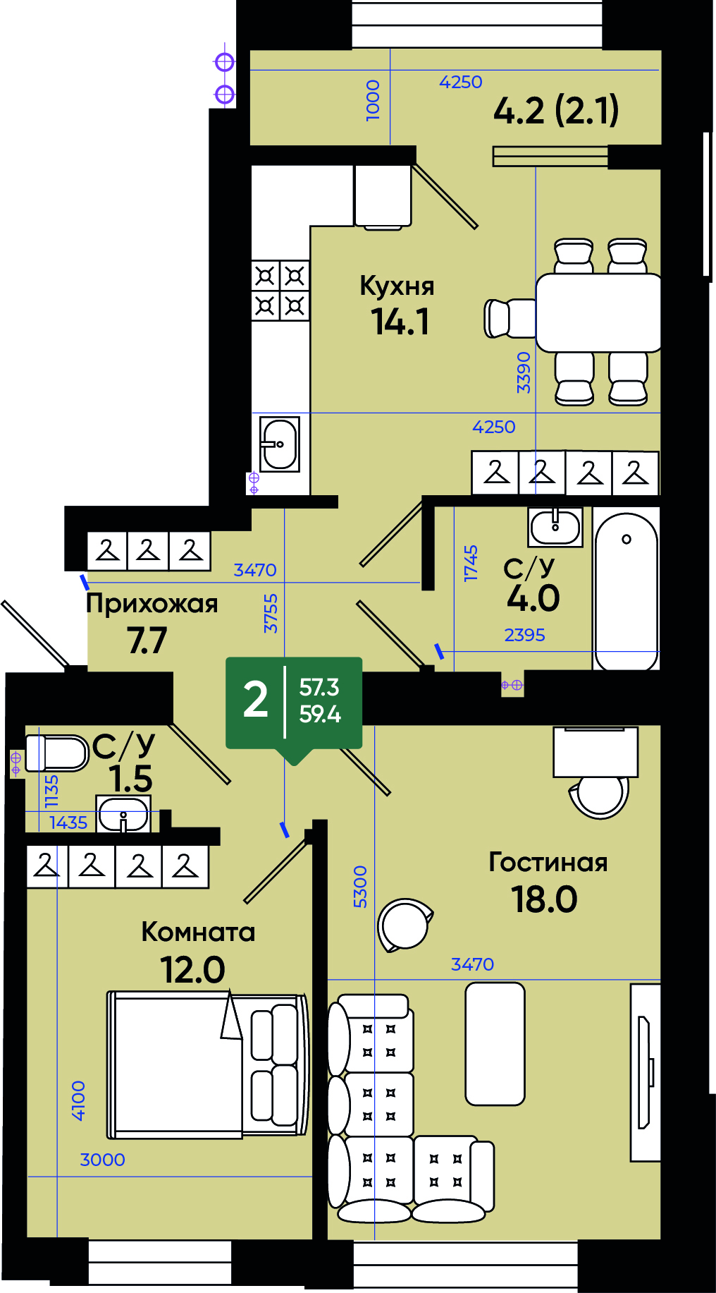 Планировка 2-комн. в ЖК «Солнечный город»