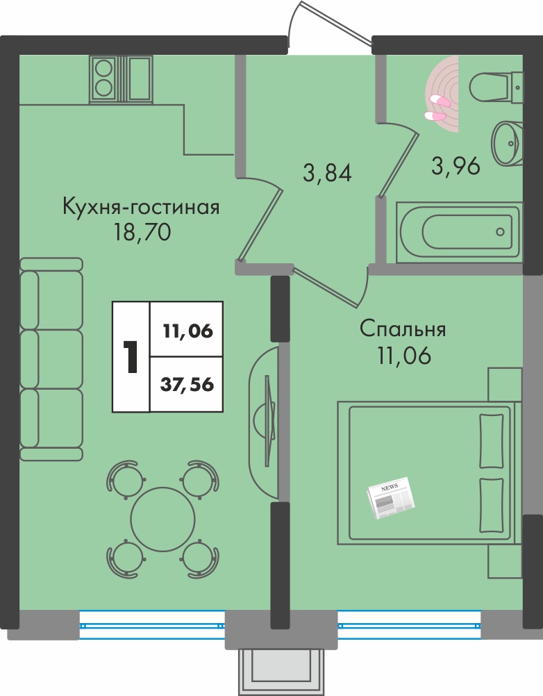 Планировка 1-комн. в ЖК «Зеленая территория»