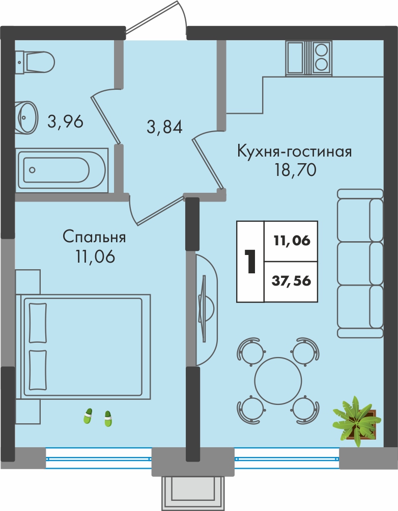 Планировка 1-комн. в ЖК «Зеленая территория»
