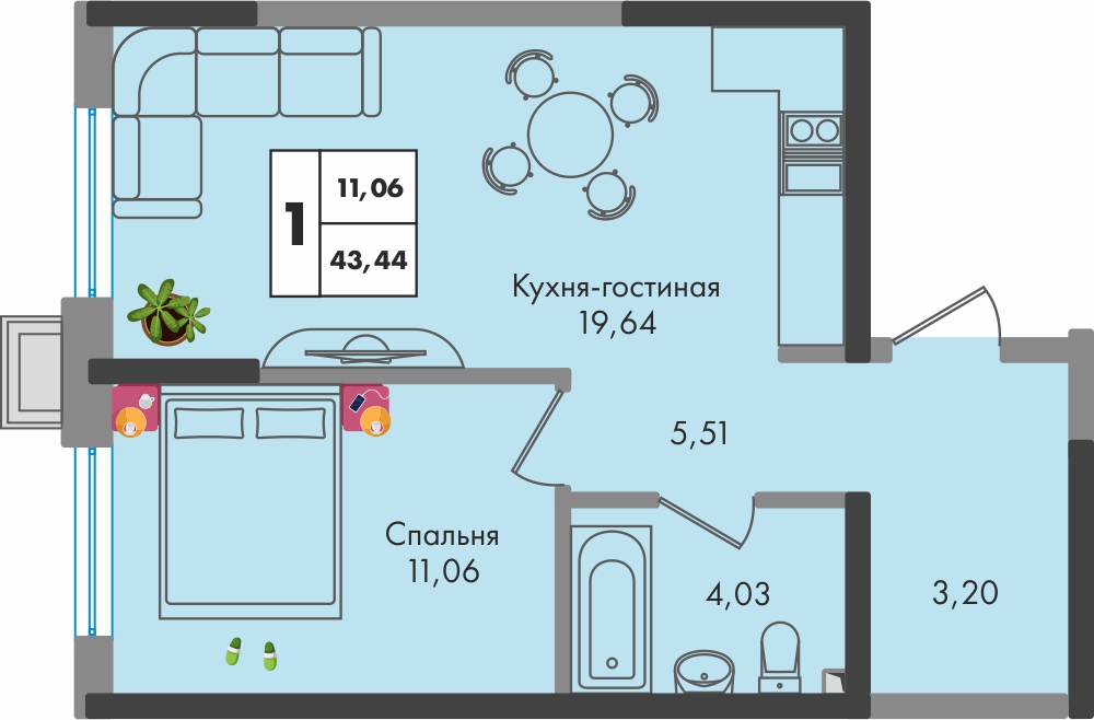 Планировка 1-комн. в ЖК «Зеленая территория»