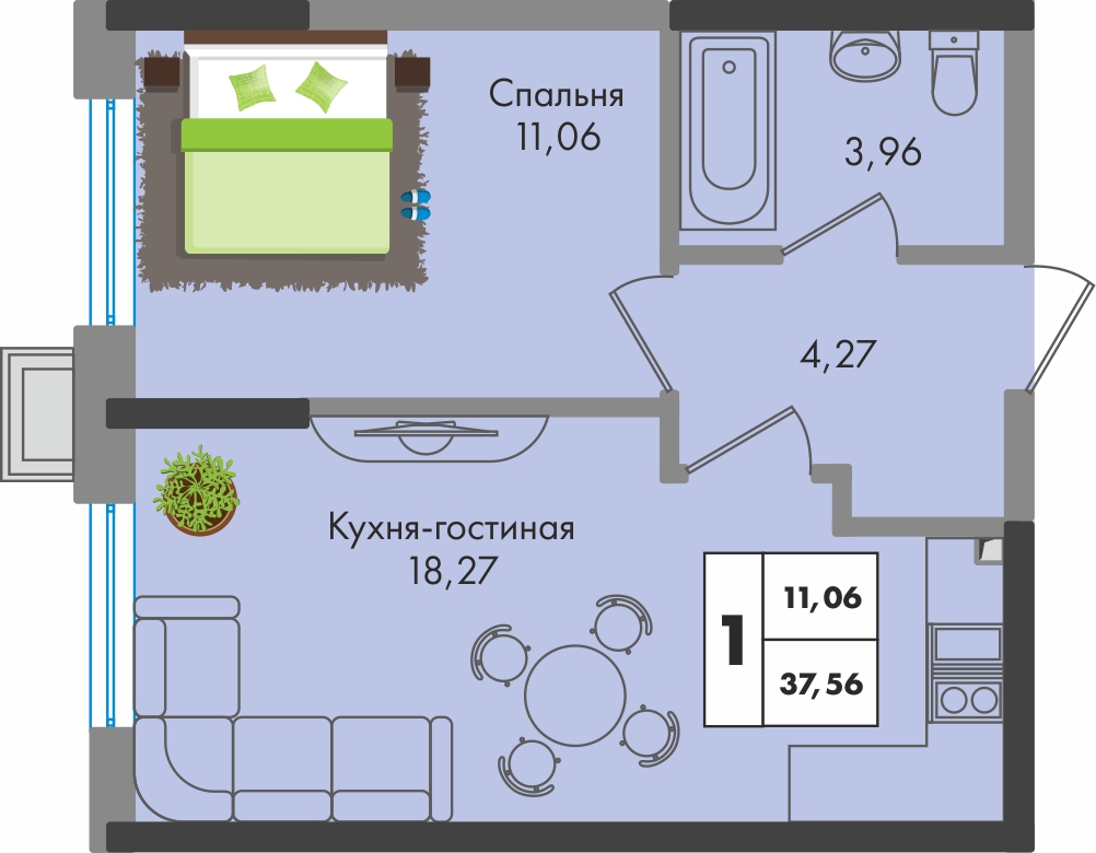 Планировка 1-комн. в ЖК «Зеленая территория»