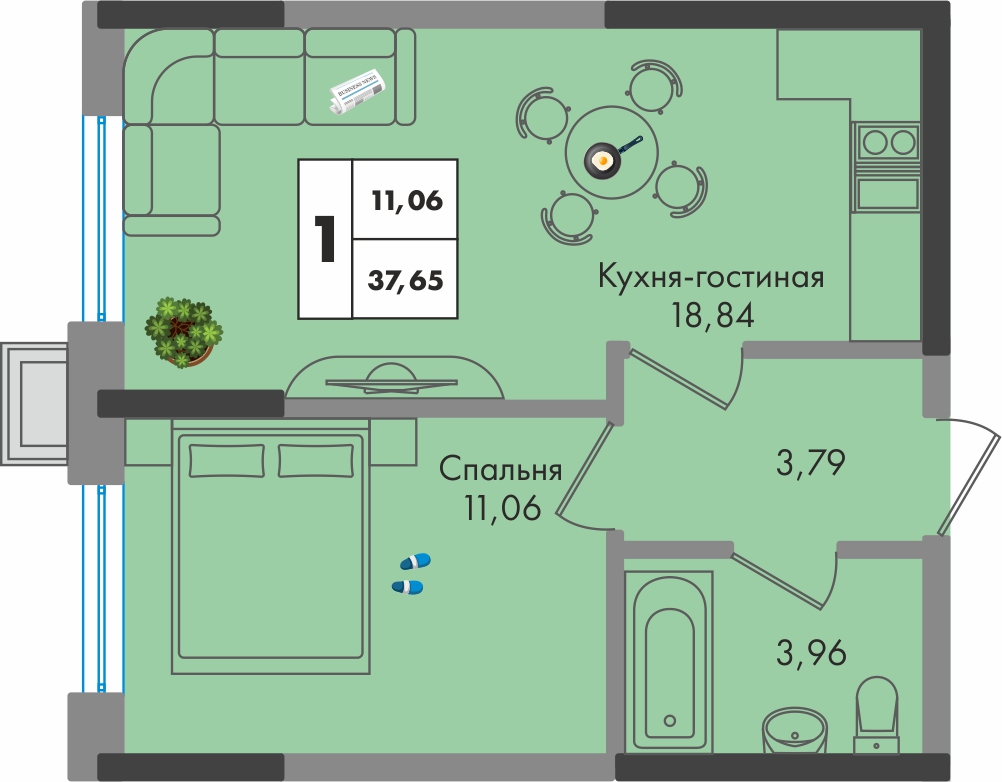 Планировка 1-комн. в ЖК «Зеленая территория»