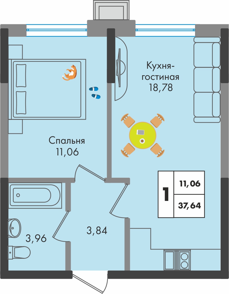 Планировка 1-комн. в ЖК «Зеленая территория»