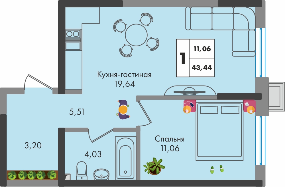 Планировка 1-комн. в ЖК «Зеленая территория»