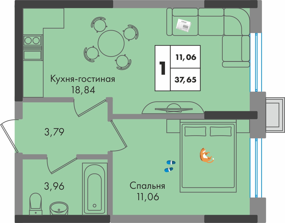 Планировка 1-комн. в ЖК «Зеленая территория»