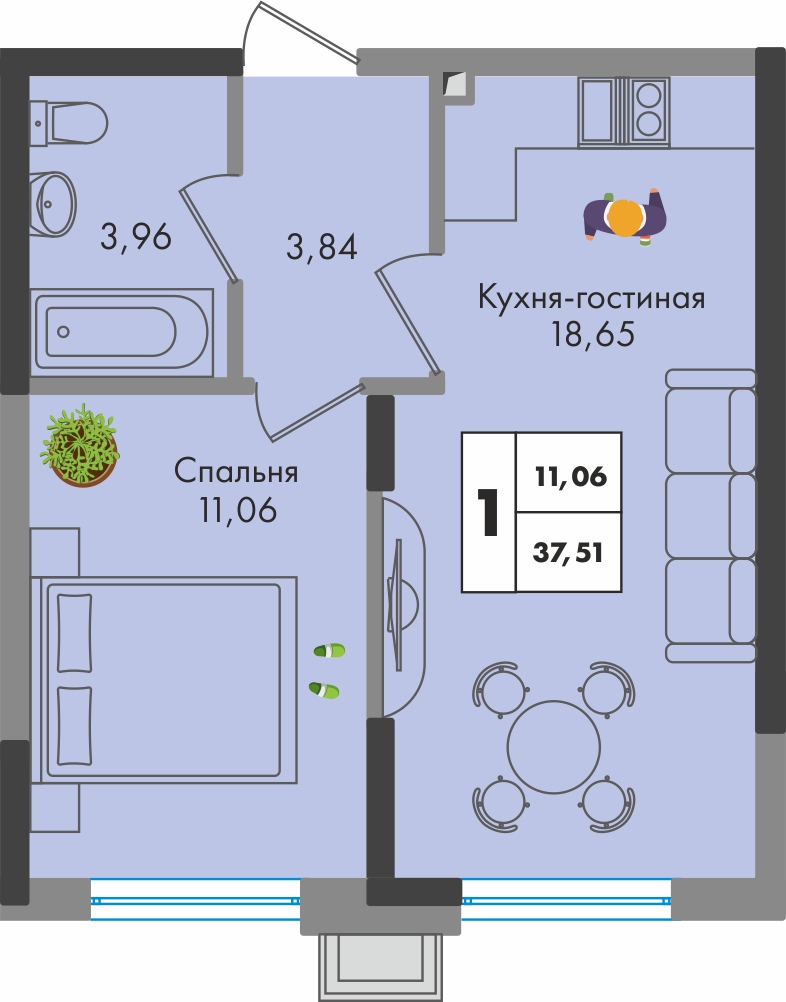 Планировка 1-комн. в ЖК «Зеленая территория»
