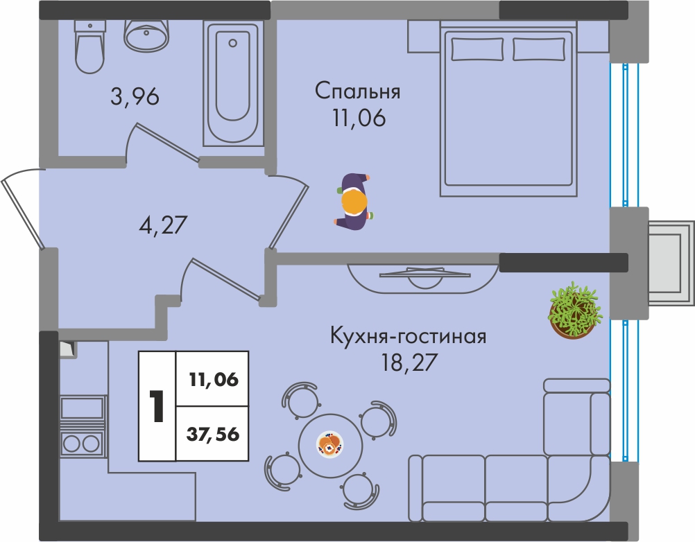 Планировка 1-комн. в ЖК «Зеленая территория»