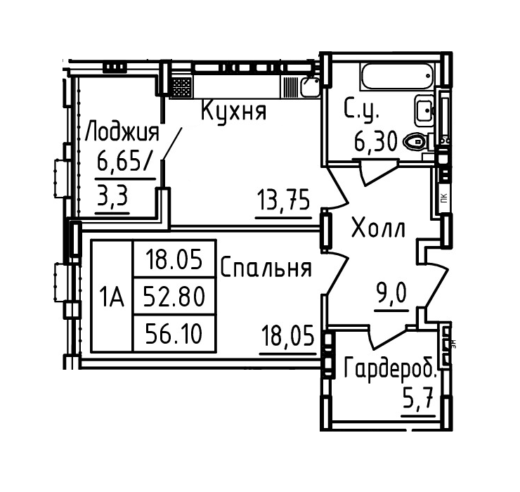 Планировка 1-комн. в ЖК «Два капитана»