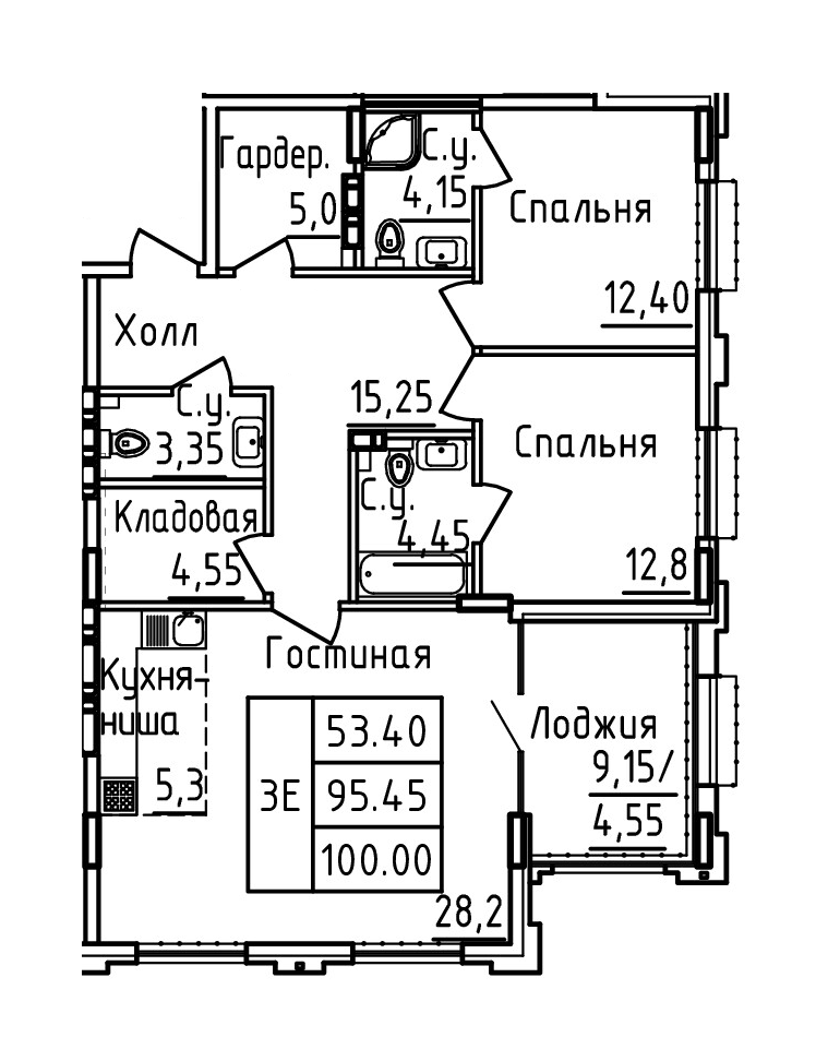 Планировка 3-комн. в ЖК «Два капитана»