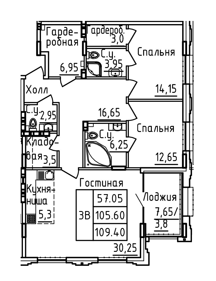 Планировка 3-комн. в ЖК «Два капитана»
