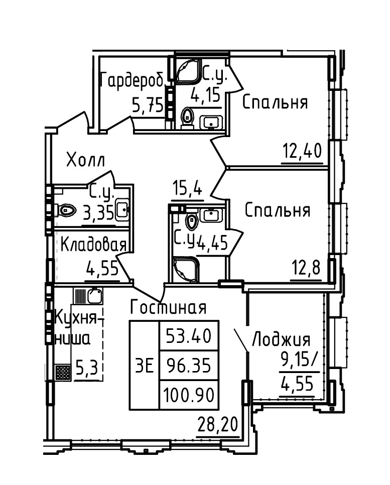 Планировка 3-комн. в ЖК «Два капитана»