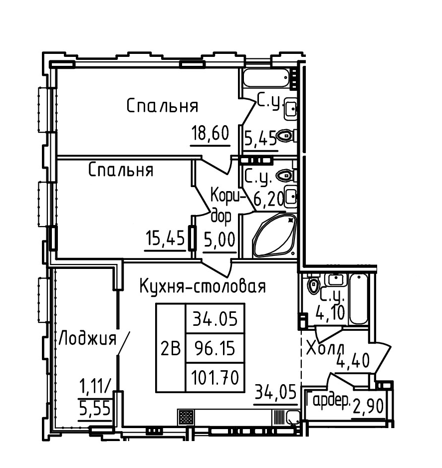 Планировка 2-комн. в ЖК «Два капитана»