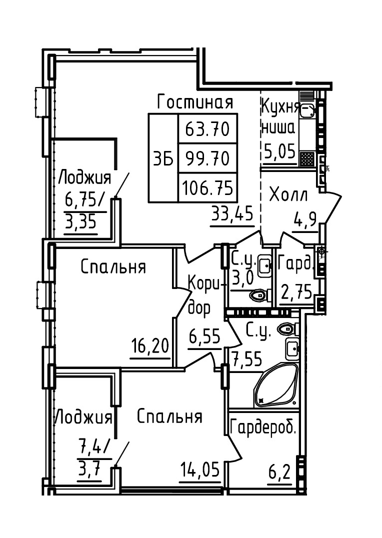 Планировка 3-комн. в ЖК «Два капитана»