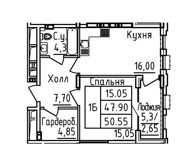 Планировка 1-комн. в ЖК «Два капитана»