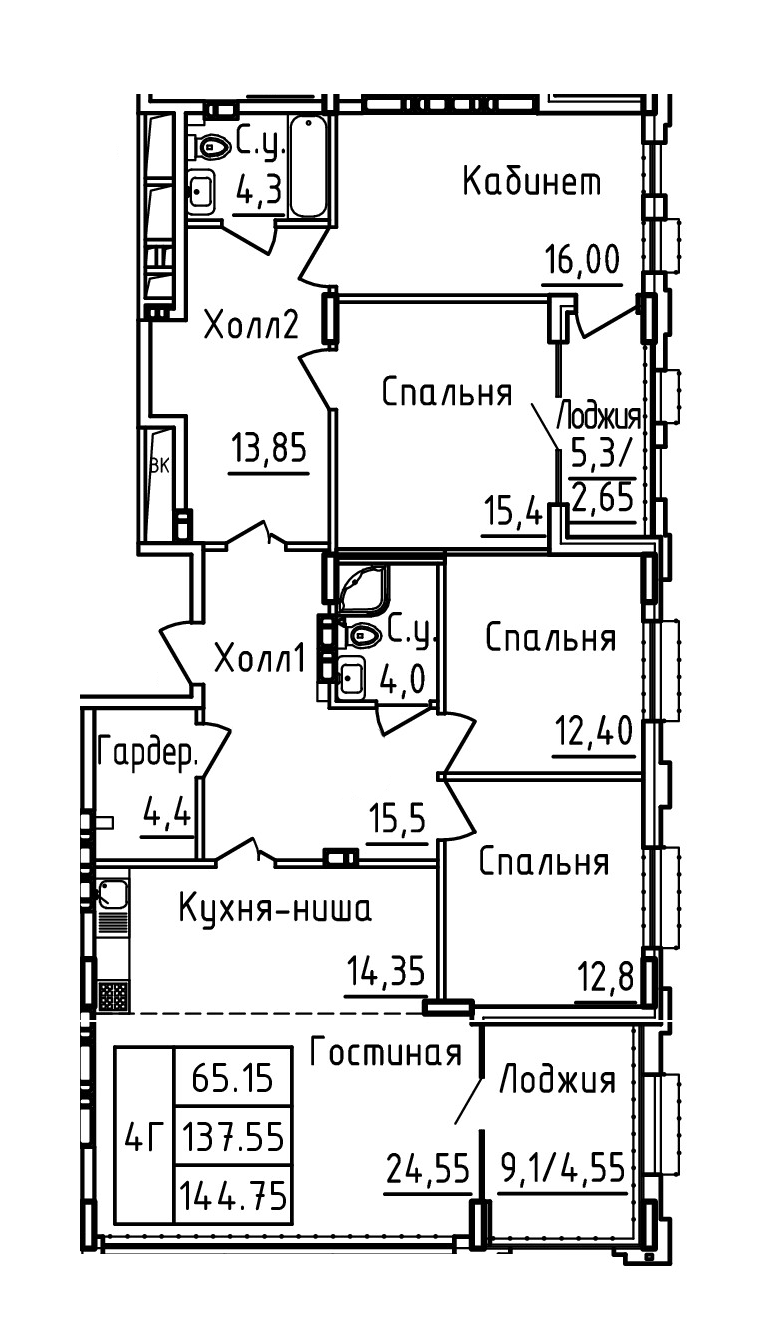 Планировка 4-комн. в ЖК «Два капитана»