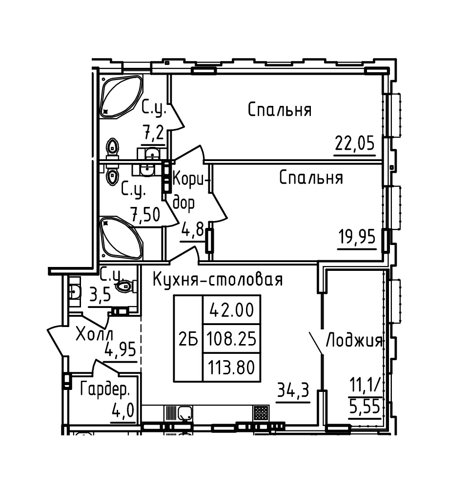 Планировка 2-комн. в ЖК «Два капитана»