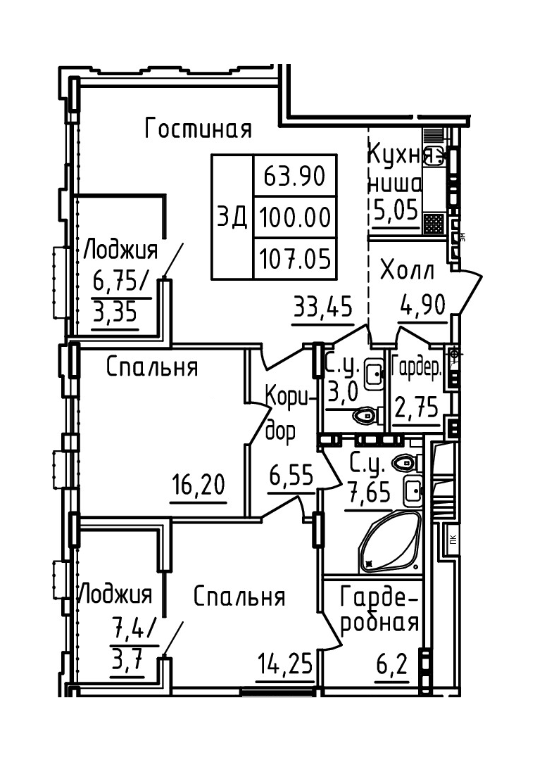 Планировка 3-комн. в ЖК «Два капитана»