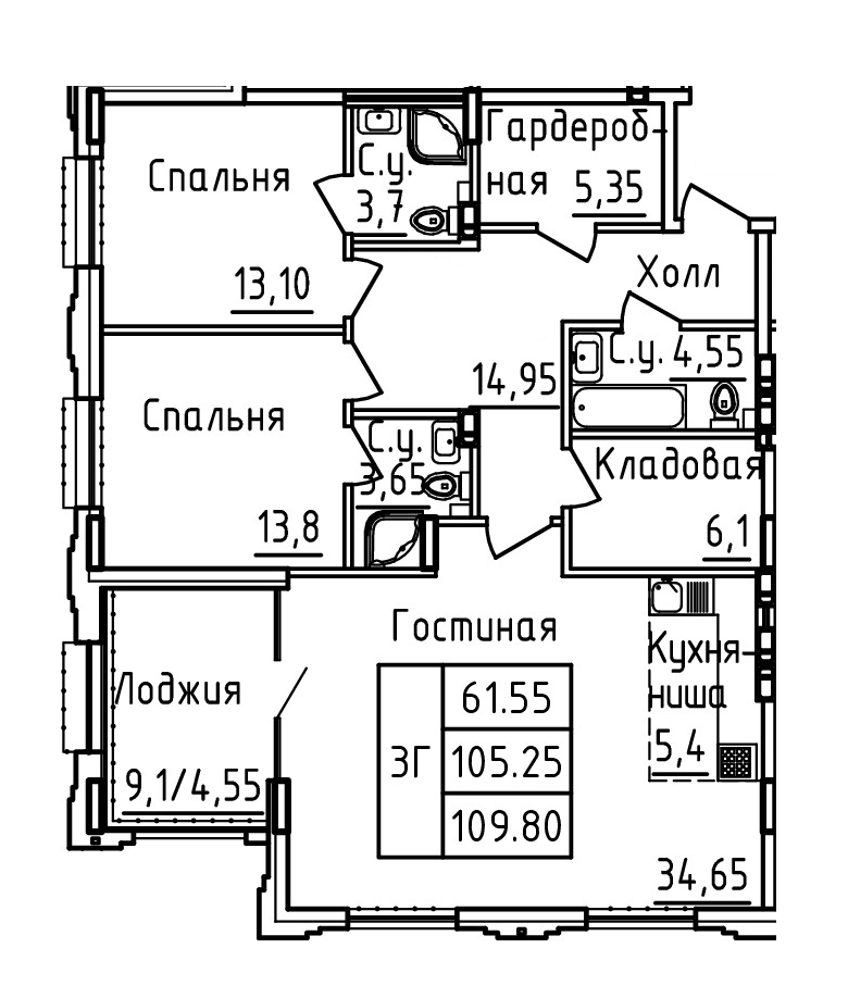 Планировка 3-комн. в ЖК «Два капитана»