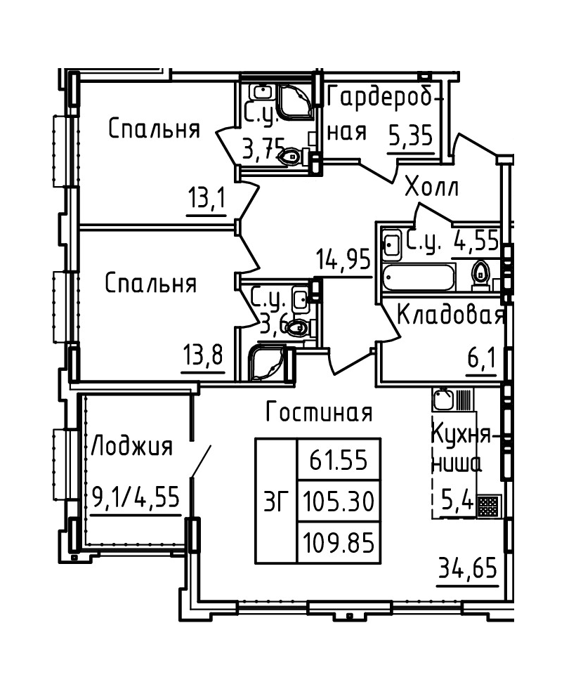 Планировка 3-комн. в ЖК «Два капитана»