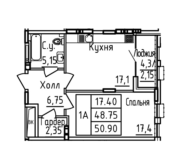 Планировка 1-комн. в ЖК «Два капитана»