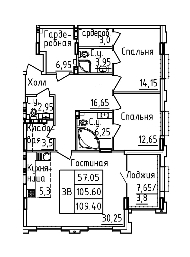 Планировка 3-комн. в ЖК «Два капитана»