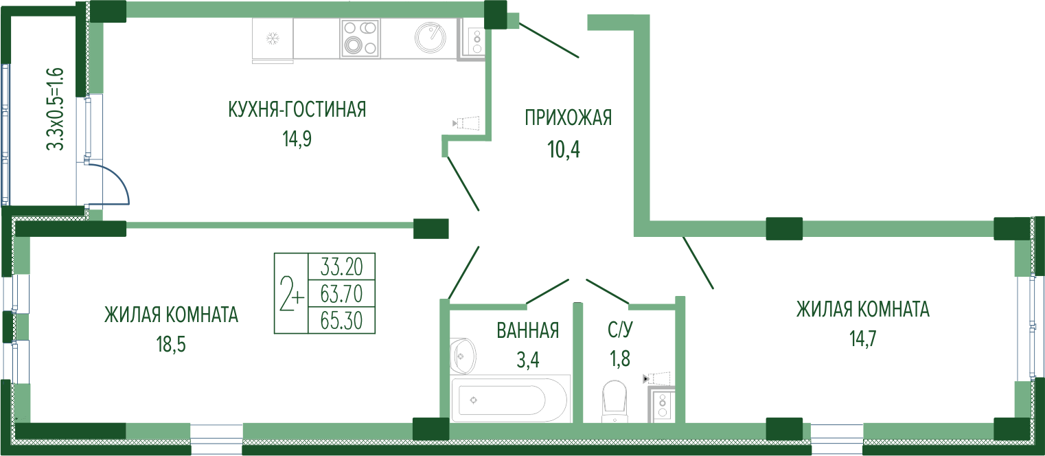Планировка 2-комн. в ЖК «Екатерининский Парк»