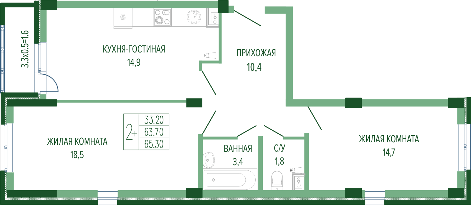 Планировка 2-комн. в ЖК «Екатерининский Парк»