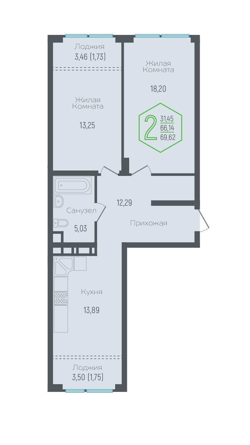 Планировка 2-комн. в ЖК «Гарантия на Обрывной»