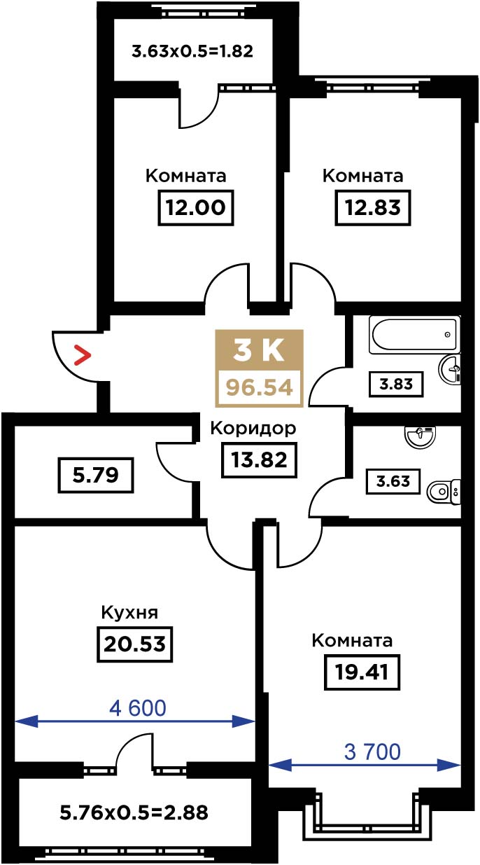 Планировка 3-комн. в ЖК «Сердце»