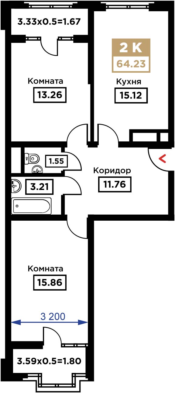 Планировка 2-комн. в ЖК «Сердце»