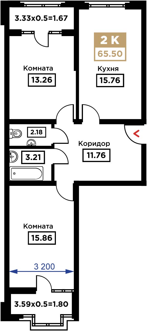 Планировка 2-комн. в ЖК «Сердце»