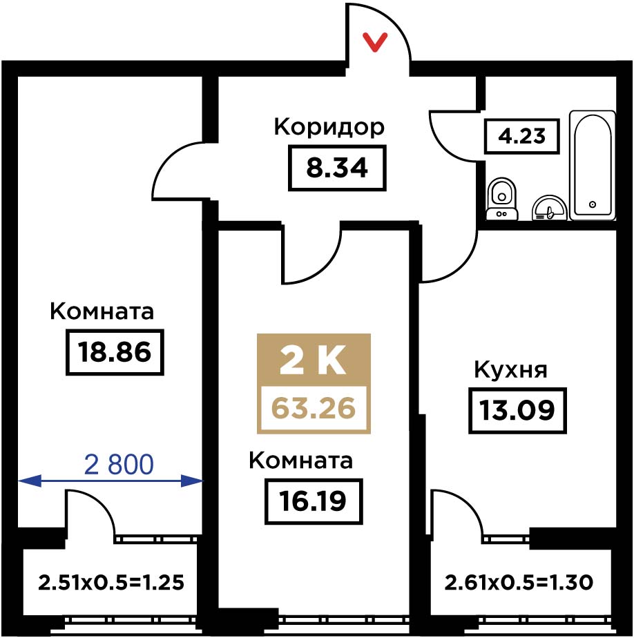 Планировка 2-комн. в ЖК «Сердце»