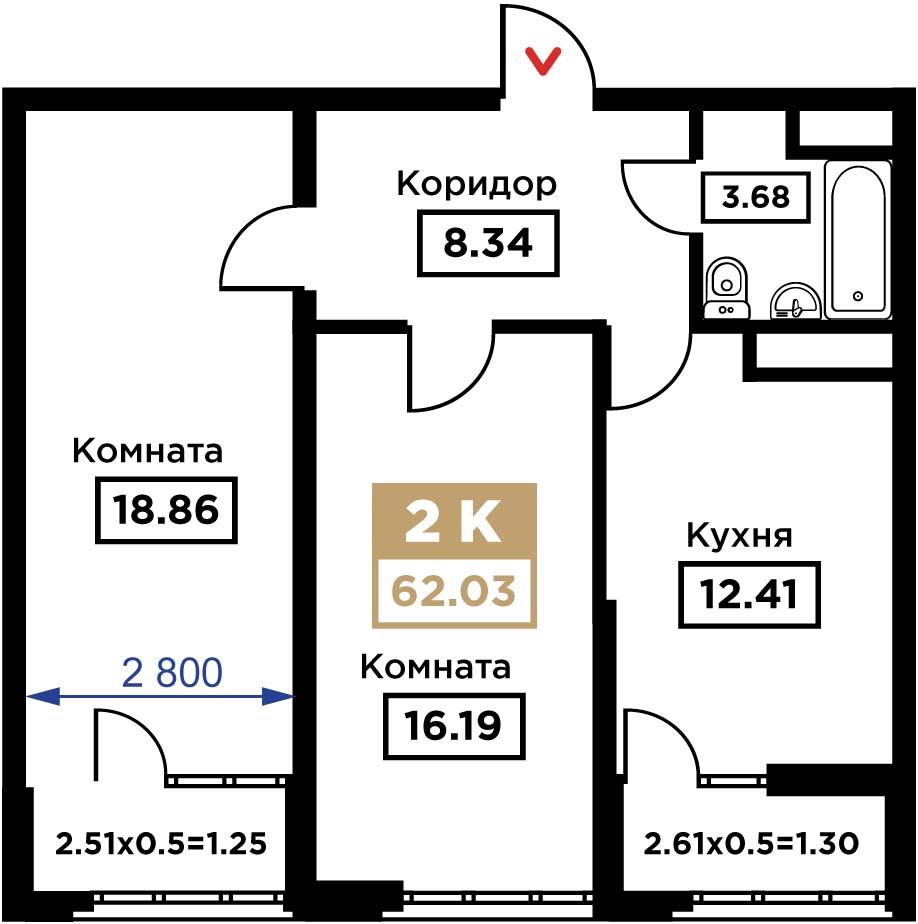 Планировка 2-комн. в ЖК «Сердце»