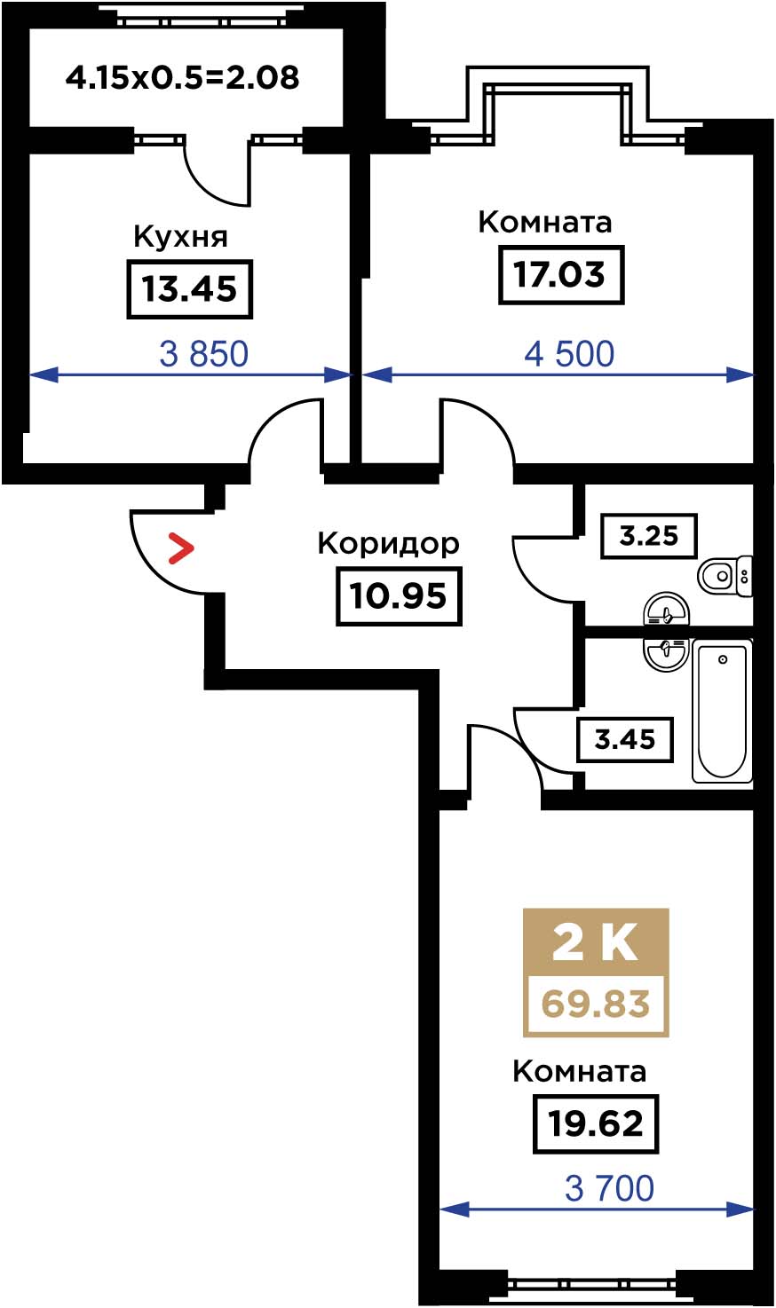 Планировка 2-комн. в ЖК «Сердце»