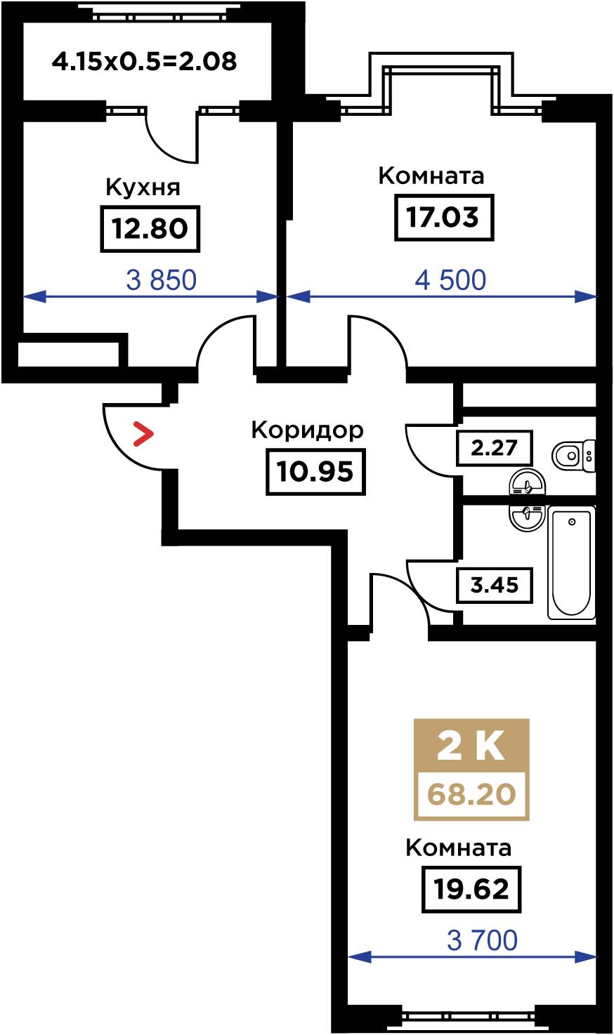 Планировка 2-комн. в ЖК «Сердце»